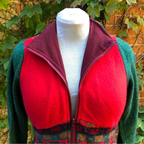 Retro Inspired Patchwork Sweater Red Green Medium Embody Zip Up - Picture 4 of 7